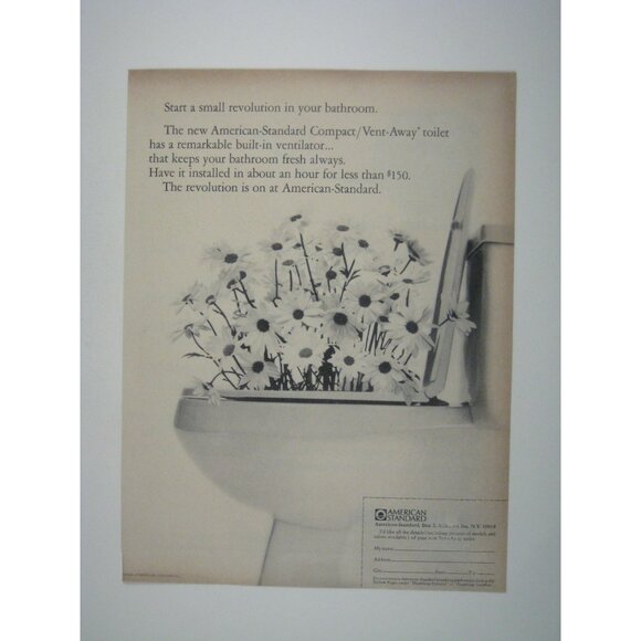 American Standard Compact Vent Away Toilet Ad 1967 Bathroom Decor Daisys - Picture 1 of 2